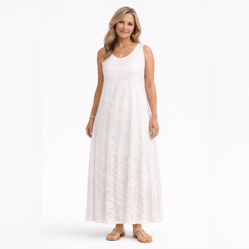 Chico’s White Sleeveless Midi Dress Size 1 Boho Geometric Sheer Overlay Lined